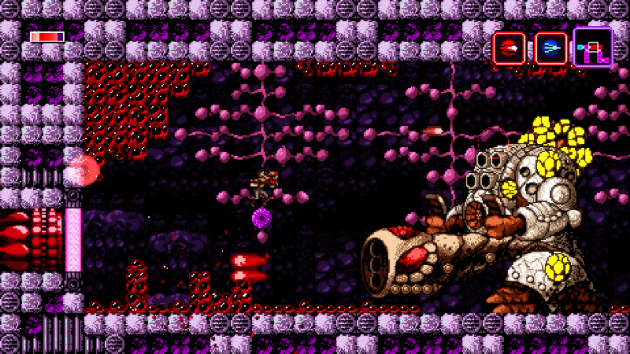 The platform Trace is standing on here is practical invisible. The game has since been patched to make it and others like it stick out more, but there's still some minor visibility issues in Axiom Verge.